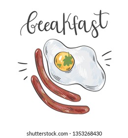 Vector illustration with food.  Breakfast.fried eggs, sausages. 