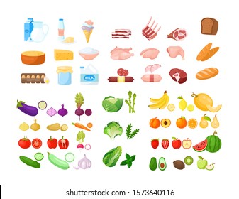 Vector illustration of food cartoon collection. Fruits, vegetables, bakery, dairy and meat produce. Foodstuff isolated cliparts pack. Grocery store, supermarket assortment concept.