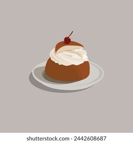 Ilustración vectorial Comida de un quequito de chocolate con crema blanca, galleta y cerezas