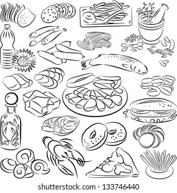 vector illustration of  food collection in black and white