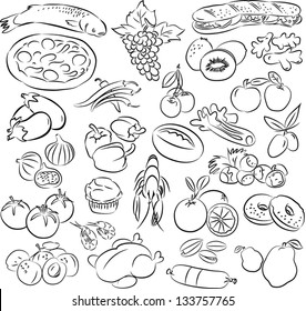 vector illustration of  food collection in black and white