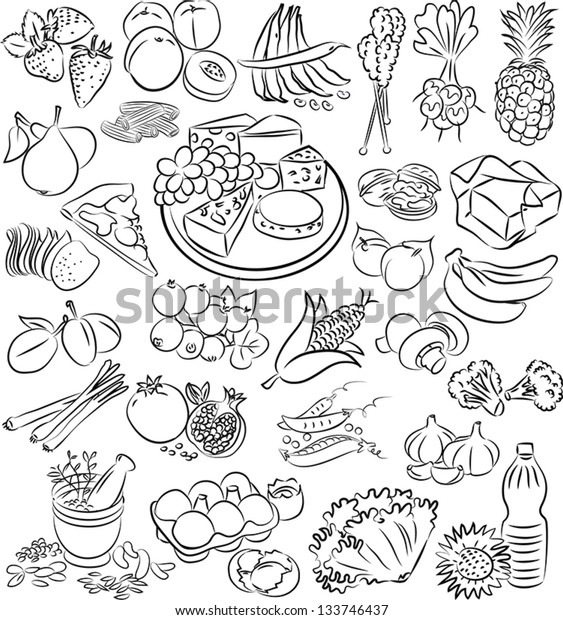 Vector Illustration Food Collection Black White Stock Vector (Royalty