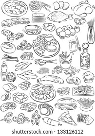 vector illustration of food collection in line art mode