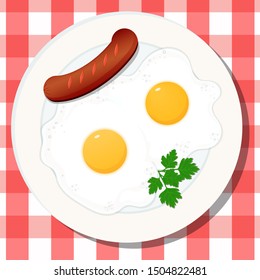 Vector illustration. Food concept. Appetizing delicious breakfast, fried egg with sausage on a plate with sprigs of parsley on the background of a napkin in a the cell
