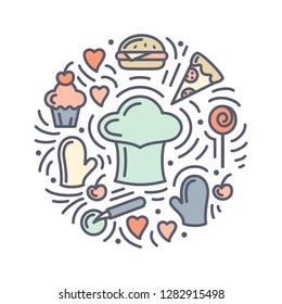 Vector illustration with food, cook cap and additional items. Doodle style round concept