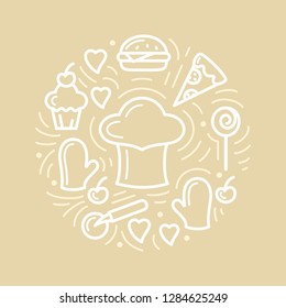 Vector illustration with food, cook cap and additional items. Line style round concept