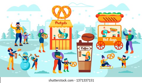 Vector Illustration Food Court on Ice Rink Flat. Parents with Children Relax and have Fun on Citys Ice Skating Rink. Quick Snacks with Hot Drinks and Food. Children Sledding and make Snowman.