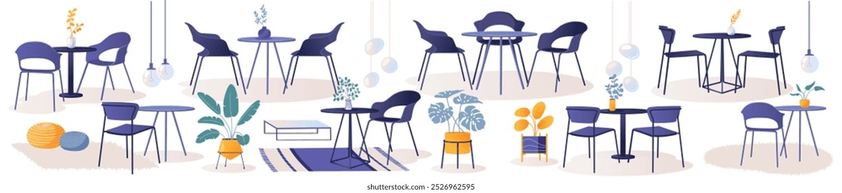 Ilustración vectorial tema de patio de comidas en el centro comercial o Grande salón de restaurantes. Cuadro dibujado a mano con muebles de café, para descansar y comer. Mesas y sillas acogedoras, sillones, ollas Grandes con plantas.