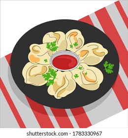 vector illustration food delicious vegetable manti with pumpkin in a plate with coriander. A hot dish for lunch.