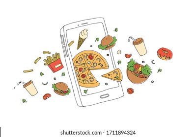 vector illustration for food delivery application. mobile phone with flying pizza, french fries, drink, salad, ice cream, burger on white background. Doodle line style. delivery food services