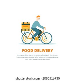Vector illustration with food delivery banner template. Concept with delivery man riding a bike.