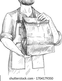 Vector illustration of a food delivery courier bearded man with a paper packaging with fast-food. Vintage hand drawn engraving etched style.