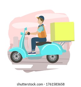 Vector illustration. Food delivery man on a moped. A man works, fulfills an order.
