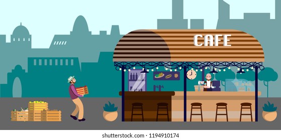 Vector illustration of food delivery to the street cafe with city on the background. Carrier with wooden boxes with vegetables in hands. Food delivery.