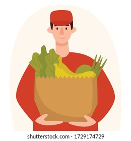 Vector illustration of a food delivery to your home. A man with a craft packet of food. Cartoon drawing courier with packed vegetables and fruits, isolated on white background
