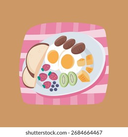 vector illustration with food design in the form of bread, sausage, eggs, and some fresh fruit for breakfast