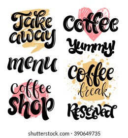 Vector illustration, food design. Hand lettering for restaurant, cafe menu, coffee house and shop. Vector elements for labels, logos, badges, stickers or icons. Calligraphic and typographic collection