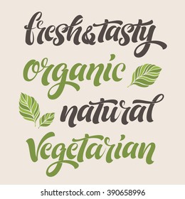 Vector illustration, food design. Hand lettering for restaurant, cafe menu. Vector elements for labels, logos, badges. Calligraphic and typographic collection. Natural, organic, vegan, fresh food