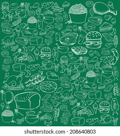Vector illustration of food in doodle style, white on green