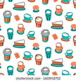 Vector illustration of food and drinks. Design for posters, stickers, pins and clothing