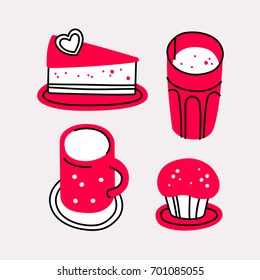 Vector illustration of food and drinks. Design for posters, stickers, pins and clothing