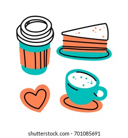 Vector illustration of food and drinks. Design for posters, stickers, pins and clothing