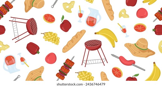 Vector illustration of food, drinks and paraphernalia for a picnic. Seamless barbecue pattern. BBQ elements. Image of vegetables, fruits and drinks for a picnic.