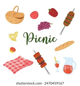 Vector illustration of food and drinks for a Picnic. Colorful card for a barbecue party. Family weekend items in the forest or park.
