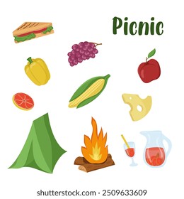 Vector illustration of food and drinks for a Picnic with camping elements. Colored barbecue card. Set of items for a family weekend in the forest or park. 