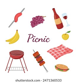 Vector illustration of food, drinks and tablecloth for an outdoor picnic. Colored barbecue card.Set of items for a family weekend in the forest or park. BBQ elements. 