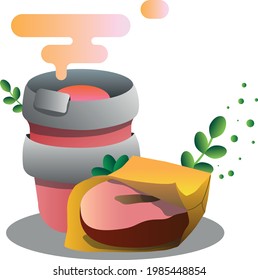 Vector illustration Food and drinks with you. Coffee to go. Tea to go. Fast breakfast. food with you in a pandemic. images for posters, logos, covers, graphics on social networks and much more.