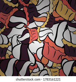 Vector illustration. Food elements colorful repeated wallpaper on white, black and purple. Abstract backdrop for girls, wrapping paper. Seamless cakes pattern.
