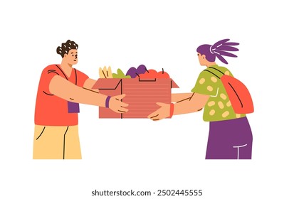 A vector illustration of a food exchange, which shows a box of fruits and vegetables. The couple shares food as part of a joint action, emphasizing support