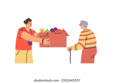 An vector illustration of a food exchange, which depicts a volunteer guy who hands a box of groceries to a revived man, promoting cooperation in the community