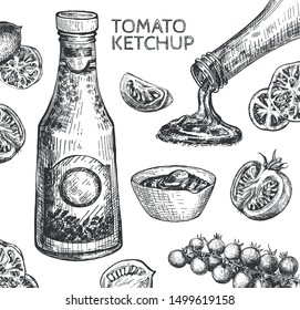 Vector illustration of food flavor and veggies still life. Tomato ketchup in glass bottle and saucer. Fresh vegetables. Sliced, cut and whole tomatoes, bunch of chili. Vintage hand drawn style.