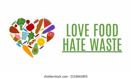 Vector Illustration Of Food Groups Forming A Heart. Suitable For Stop Waste Food Day . Love Food Hate Waste