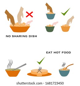 Vector Illustration Of Food, Hands Sharing Bowl Of Nuts And Hot Dishes Concept Of Safe Eating During Covid-19 Coronavirus Outbreak To Avoid Contracting Virus 