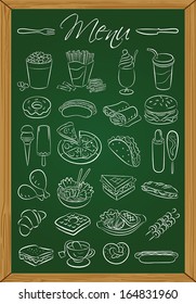 Vector illustration of food icons drawn on green chalkboard 