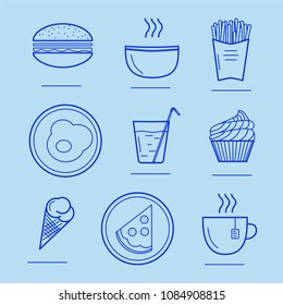 Vector illustration of food icons. Hamburger, fried eggs, pizza, plate, hot soup, hot tea, ice cream, cupcake, French fries, mineral water, glass, mug. Eps 10.