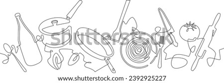 Vector illustration with food isolated on white background. Banner. Continuous line drawing style. Cooking.