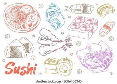 Vector illustration food. Japan cuisine: rolls, sushi, miso soup, noodles, onigiri, sashimi,  meat, bento. Hand drawn Japanese food. Various bowls with ramen