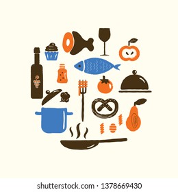 Vector illustration of food and kitchenware in circle. Cooking classes, courses concept