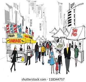 Vector illustration of food market and people , New York city.