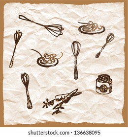 Vector illustration of food menu. Spaghetti, carrots, cooking whisk, jam jar. Vintage image.