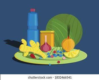 Vector Illustration. Food On A Plate. A Bottle Of Water, A Jar Of Honey, A Swing Of Cabbage, Onion, Ginger, Garlic, Lemon Wedge, Rose Hips, Berries On A Branch.