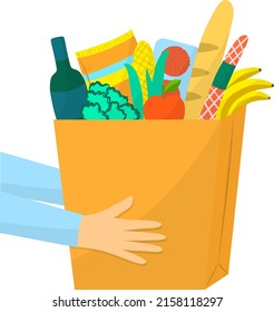 Vector illustration of food package delivery. Online shopping service. Foodstuffs delivered by courier home. Shopping at the store and supermarket.