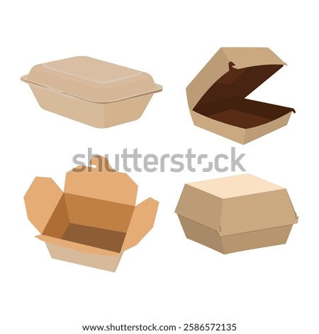 Vector illustration of food paper packaging in cartoon flat style.  Reusable or recycle product for fast food package. Take away food supplies product industry