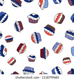 Vector illustration. For food poster design. Seamless with cupcake on white, blue and black Background. Wrapping paper.