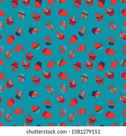 Vector illustration. For food poster design on blue, brown and red. Seamless with cupcakes. Wrapping paper.