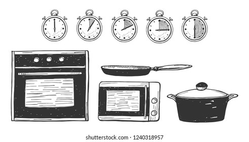 Ilustración vectorial de un tiempo de preparación de alimentos. Horno, microondas, sartén, cacerolas, iconos de ollas. Temporizador 0, 5, 10, 15, 30 minutos. Estilo dibujado a mano.